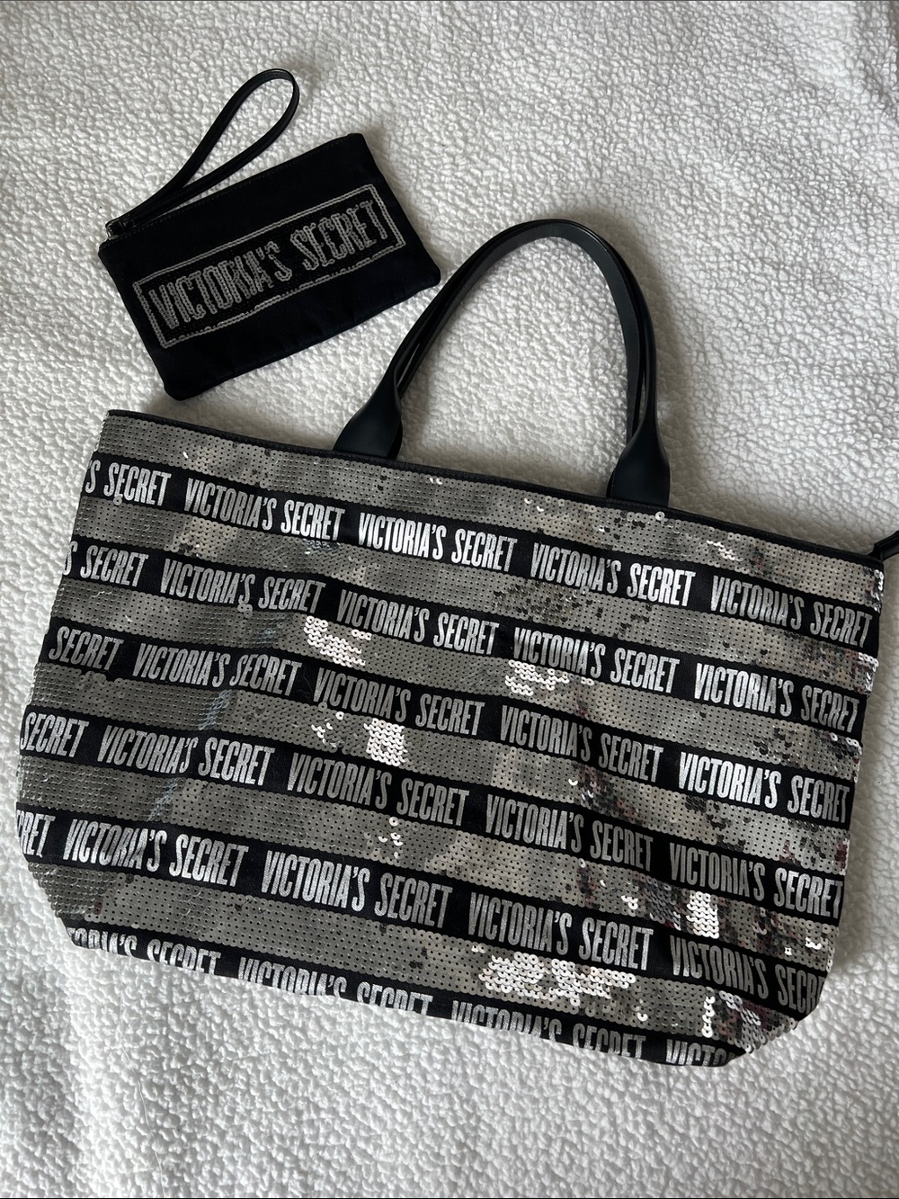 Victoria's Secret Black & Silver Sequin Logo Tote with Wristlet